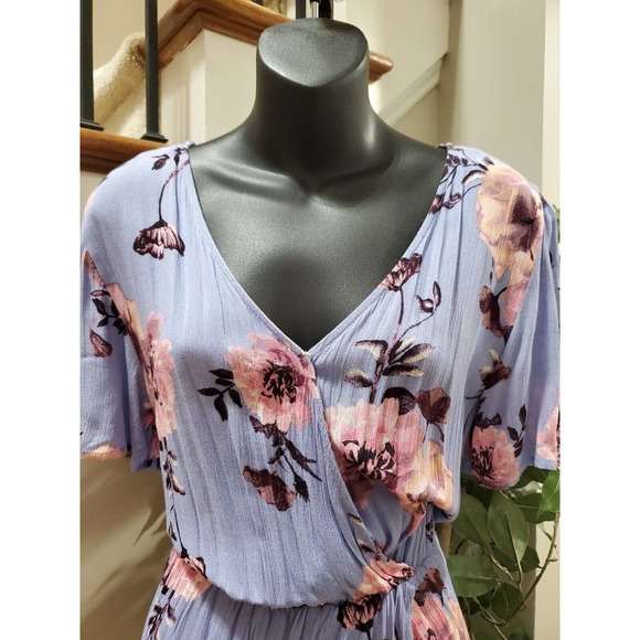 Miami Women Purple Floral 100% Rayon Short Sleeve V Neck Flowy Dress Size XS - Picture 13 of 14